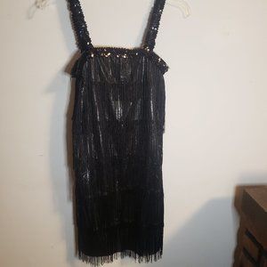Black Fringe Metallic Flapper 1920s Retro Sequined Dress Size womens Small 2 - 4